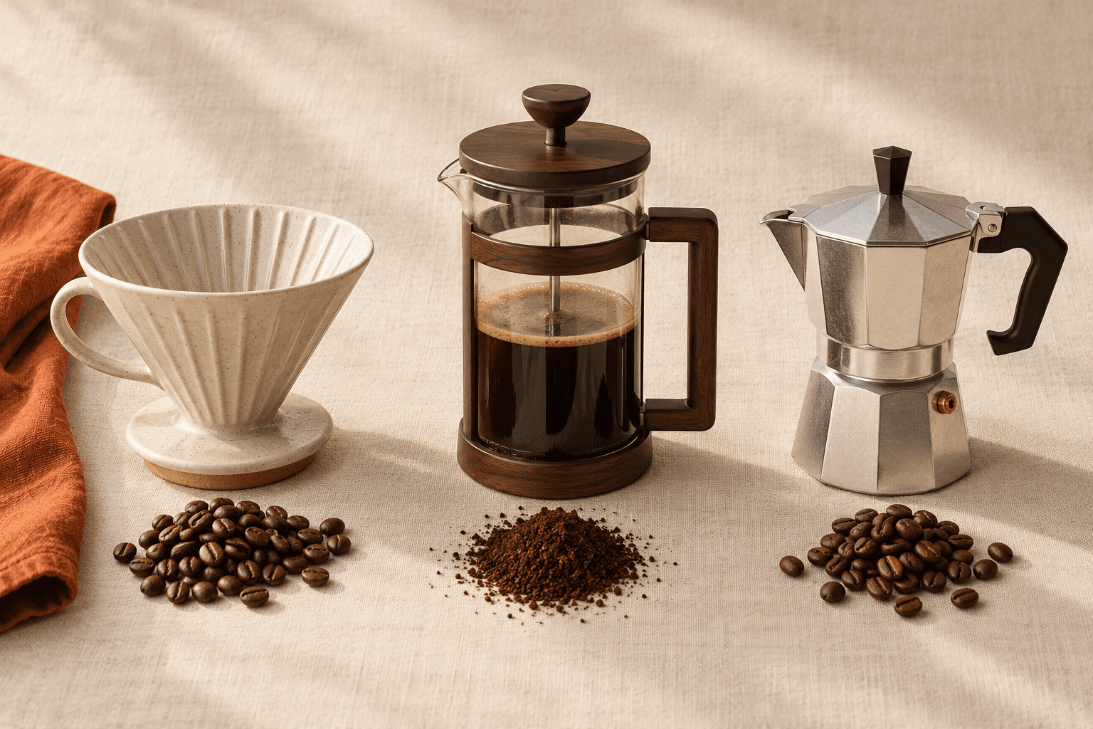 Pour-over cone, French press, and moka pot arranged on a coffee table