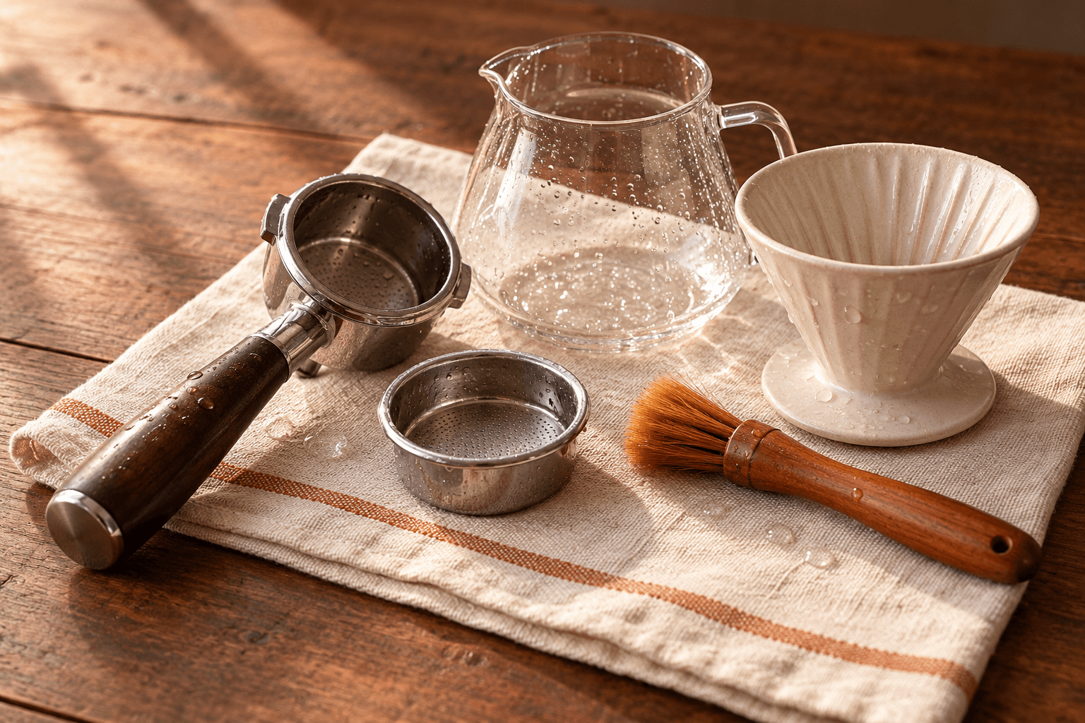 Coffee brewer parts, brush, and cloth arranged for cleaning