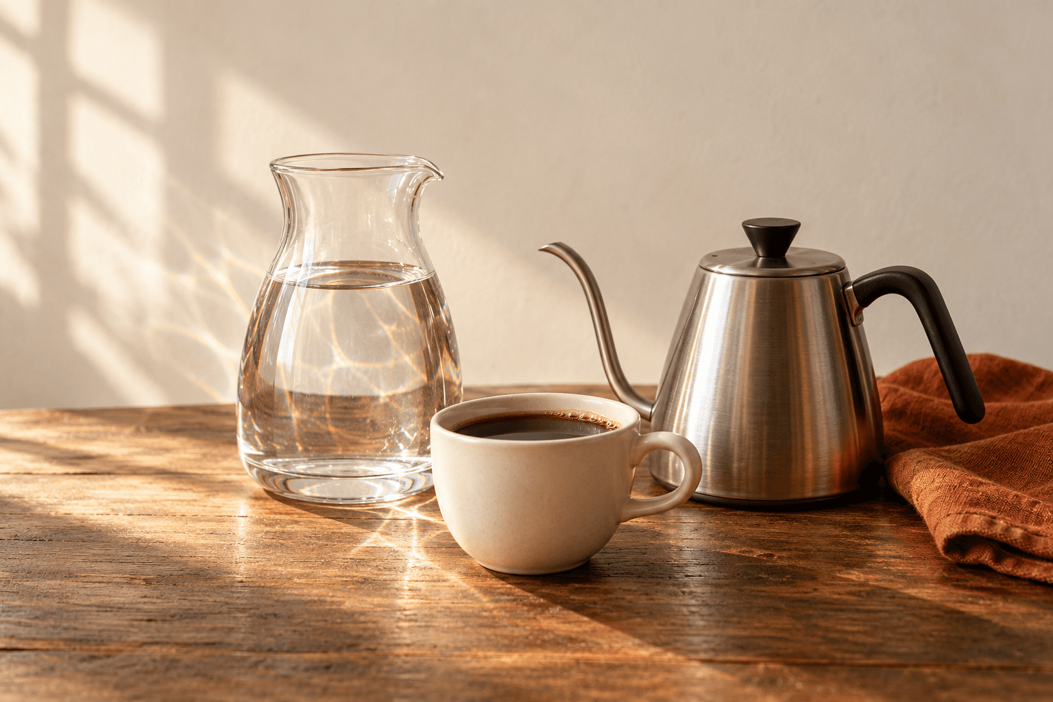 Coffee brewing water and a clear cup arranged in warm morning light