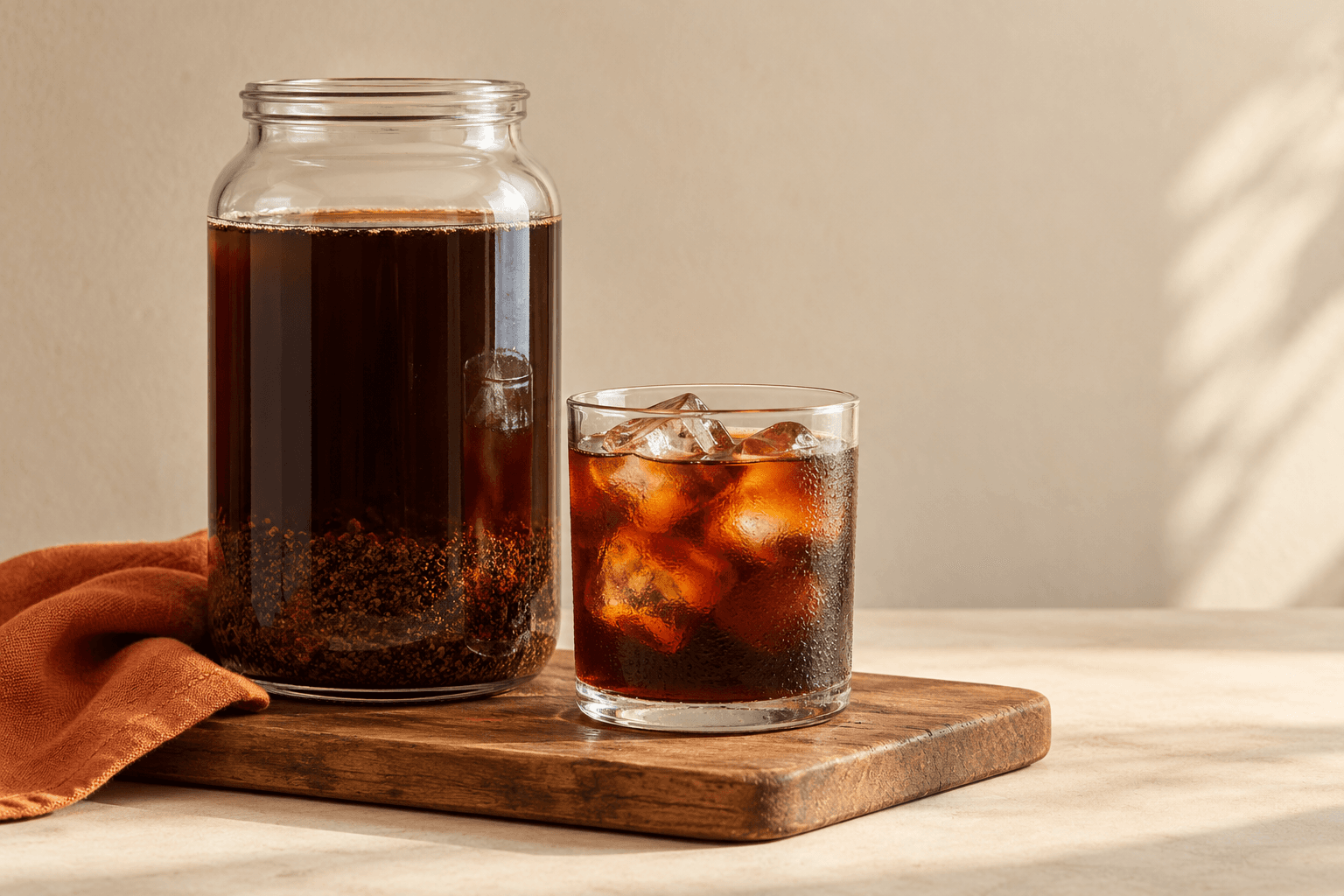 Glass jar of cold brew with coffee grounds and ice on a kitchen counter