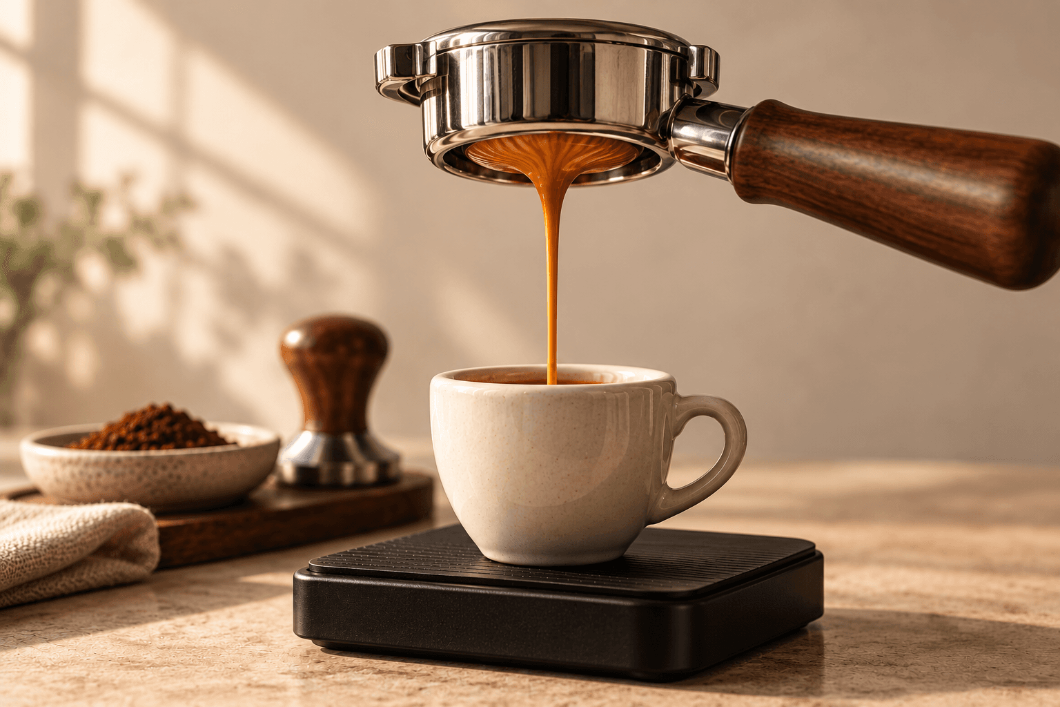 Bottomless portafilter pouring espresso into a cup on a scale