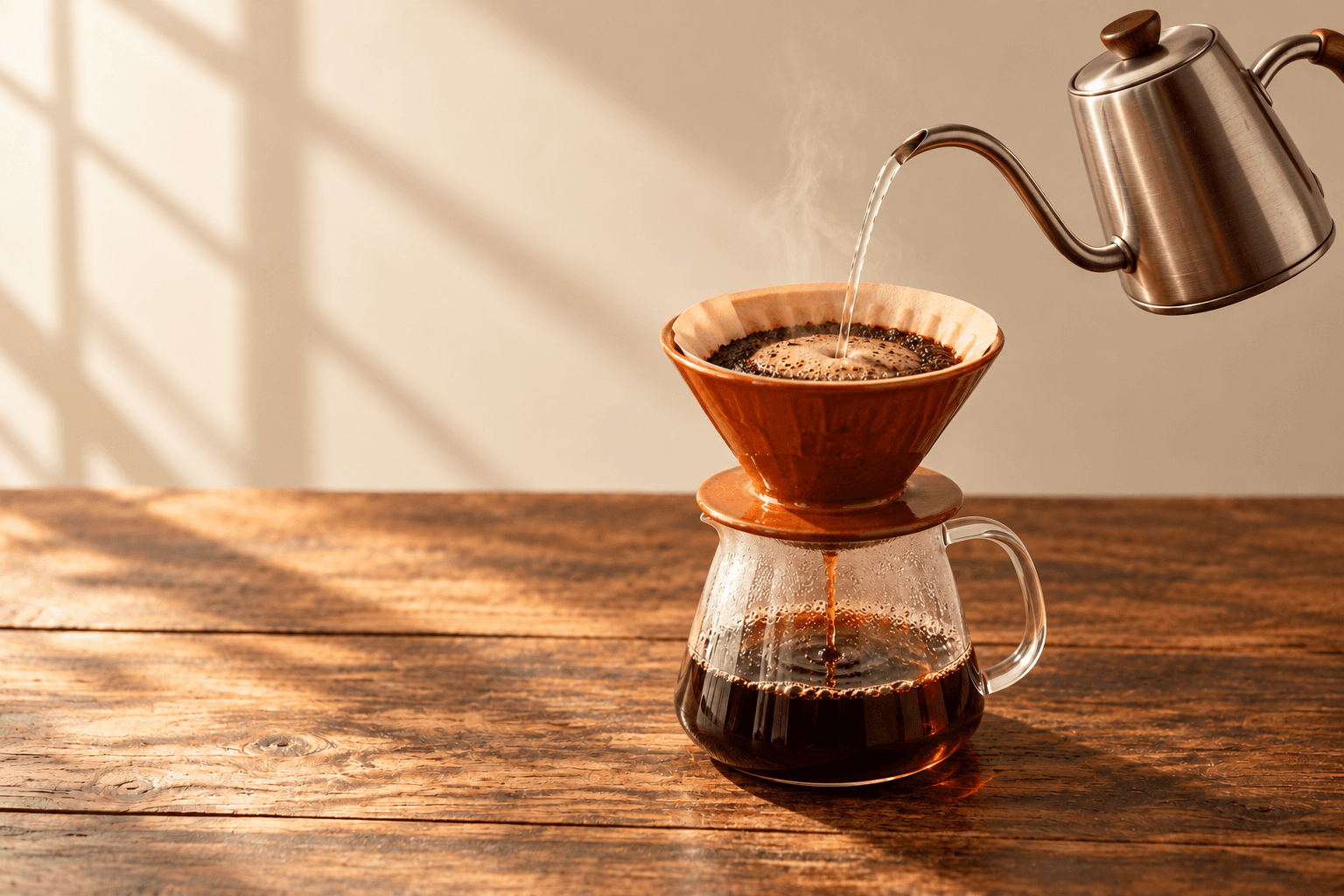 Kettle pouring water through a paper filter into a glass coffee brewer